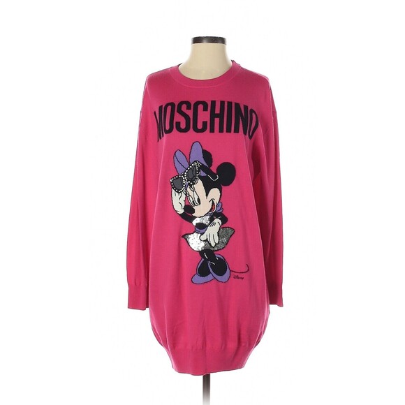 2018 MOSCHINO x H&M Hot Pink Disney Minnie Mouse Merino Wool Sweater Dress - S - Picture 1 of 2